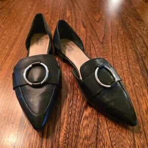Bleecker & Bond Black Leather d'Orsay Flat Pointed Toe Silver Tone Business SZ 6